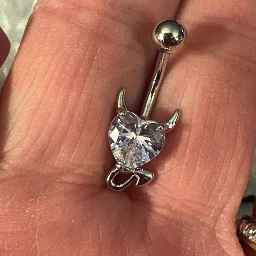 Belly Button Ring Silver Tone l Devil Heart shaped rhinestones Belly Button Ring